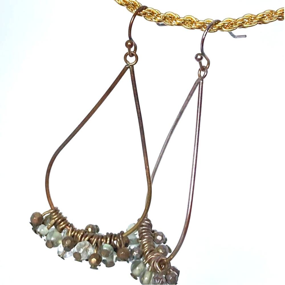 Brass tone bead dangle fish hook earrings
